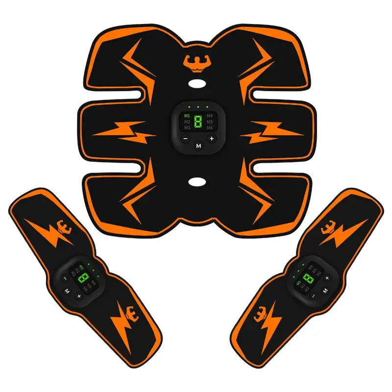 Muscle stimulator device with EMS technology for core and abdominal training, featuring a black and orange design.