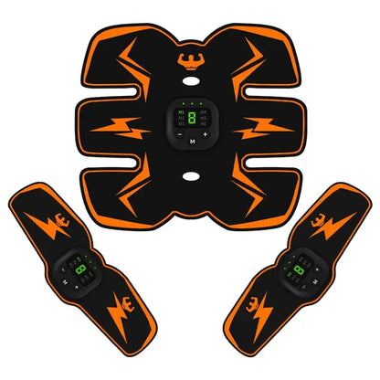 Muscle stimulator device with EMS technology for core and abdominal training, featuring a black and orange design.