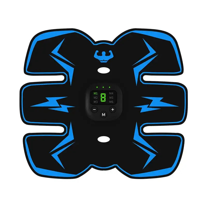Muscle stimulator device with EMS technology for abdominal toning and recovery, featuring adjustable control settings.