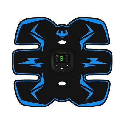 Muscle stimulator device with EMS technology for abdominal toning and recovery, featuring adjustable control settings.