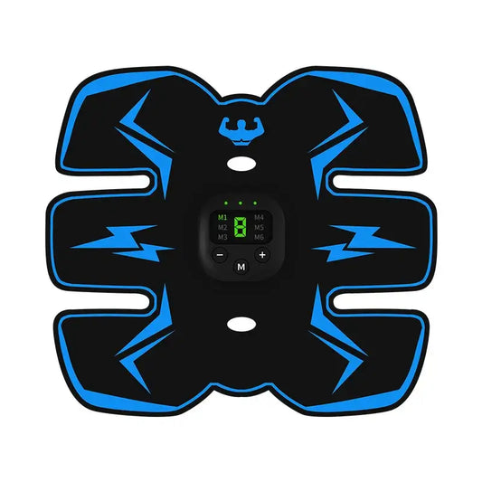 Muscle stimulator device with EMS technology for abdominal toning and recovery, featuring adjustable control settings.