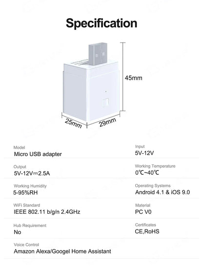 ONENUO Tuya Smart Micro USB Adapter Switch 5V WiFi Mini USB Power Adapter Works