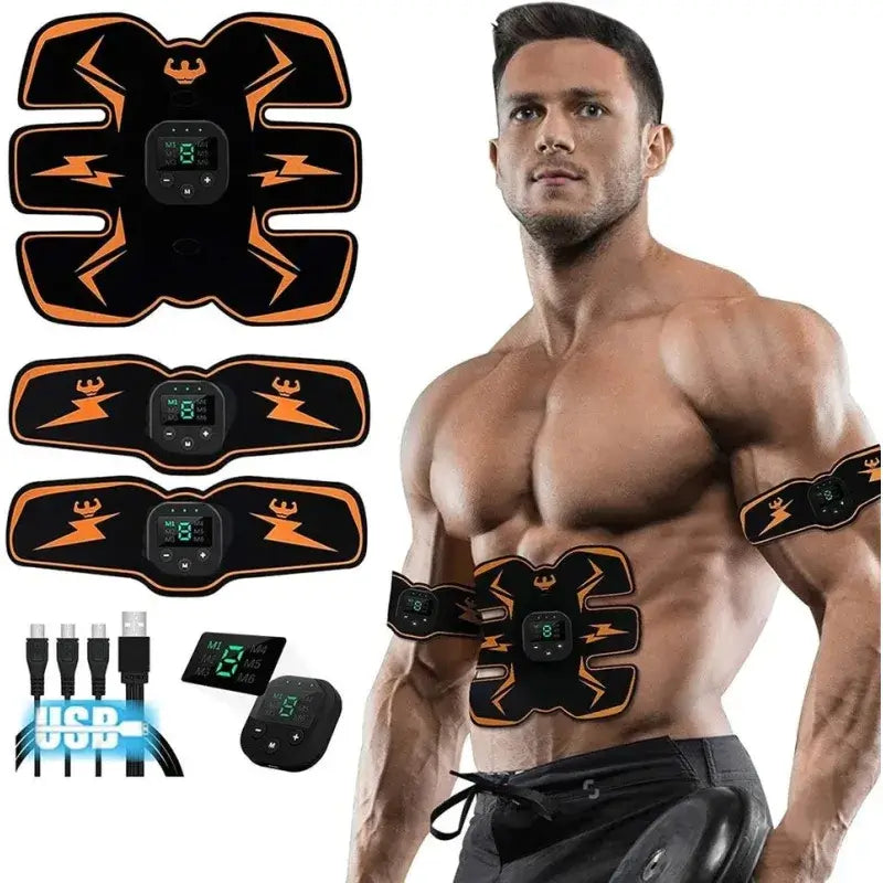 Smart EMS Muscle Stimulator device for core training and muscle recovery, shown on a fit model with USB accessories.