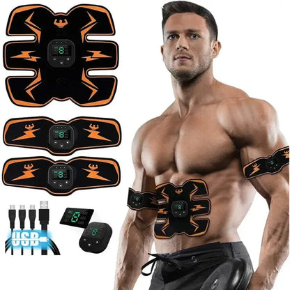 Smart EMS Muscle Stimulator device for core training and muscle recovery, shown on a fit model with USB accessories.