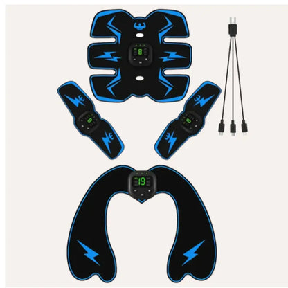 Smart EMS Muscle Stimulator kit for ab toning, featuring multiple pads and control unit for effective muscle recovery.