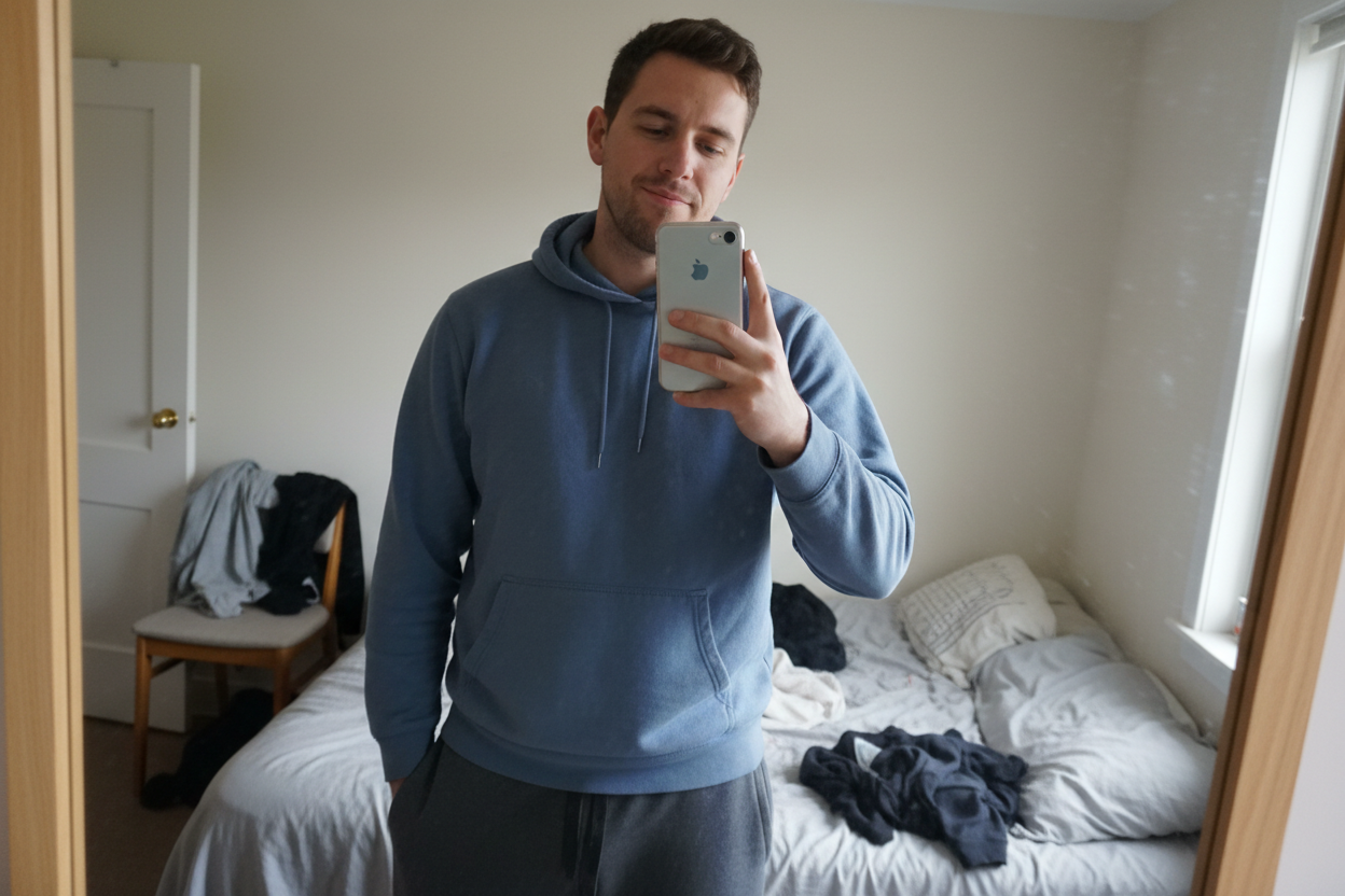 hacemee algo mas tipo un chico posando en el espejo con un iphoney que tenga una caldiad mediana con un mal amgulo asi se usa  de foto de peril 