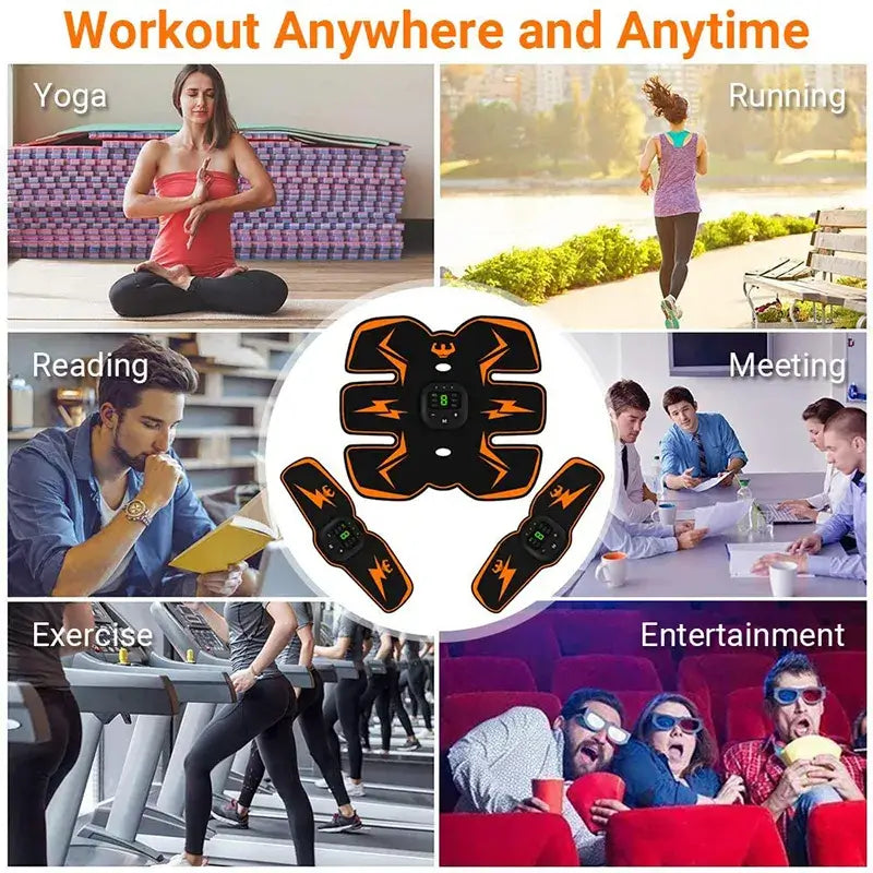 Image showcasing the Smart EMS Belly Patch for versatile workouts: yoga, running, reading, and more.
